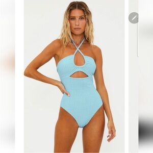 beach riot terry cloth Textured Light Blue Crisscross Cutout One-Piece Swimsuit